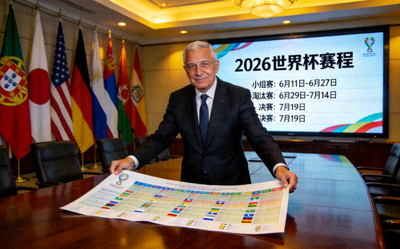 国际足联官员展示世界杯赛程表 - 会议室背景与大型屏幕